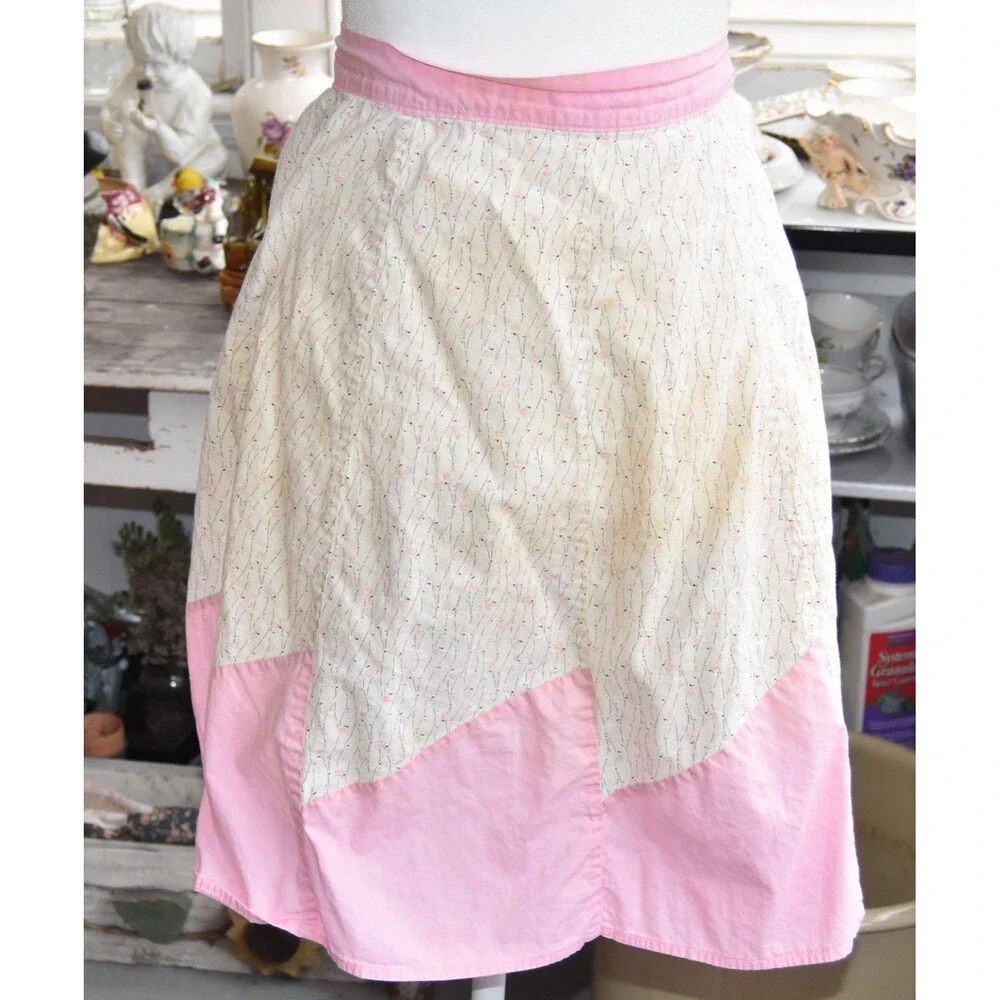 Vintage 50s-60s Half Aprons Cotton Tie Back Yellow and Pink Set of 2